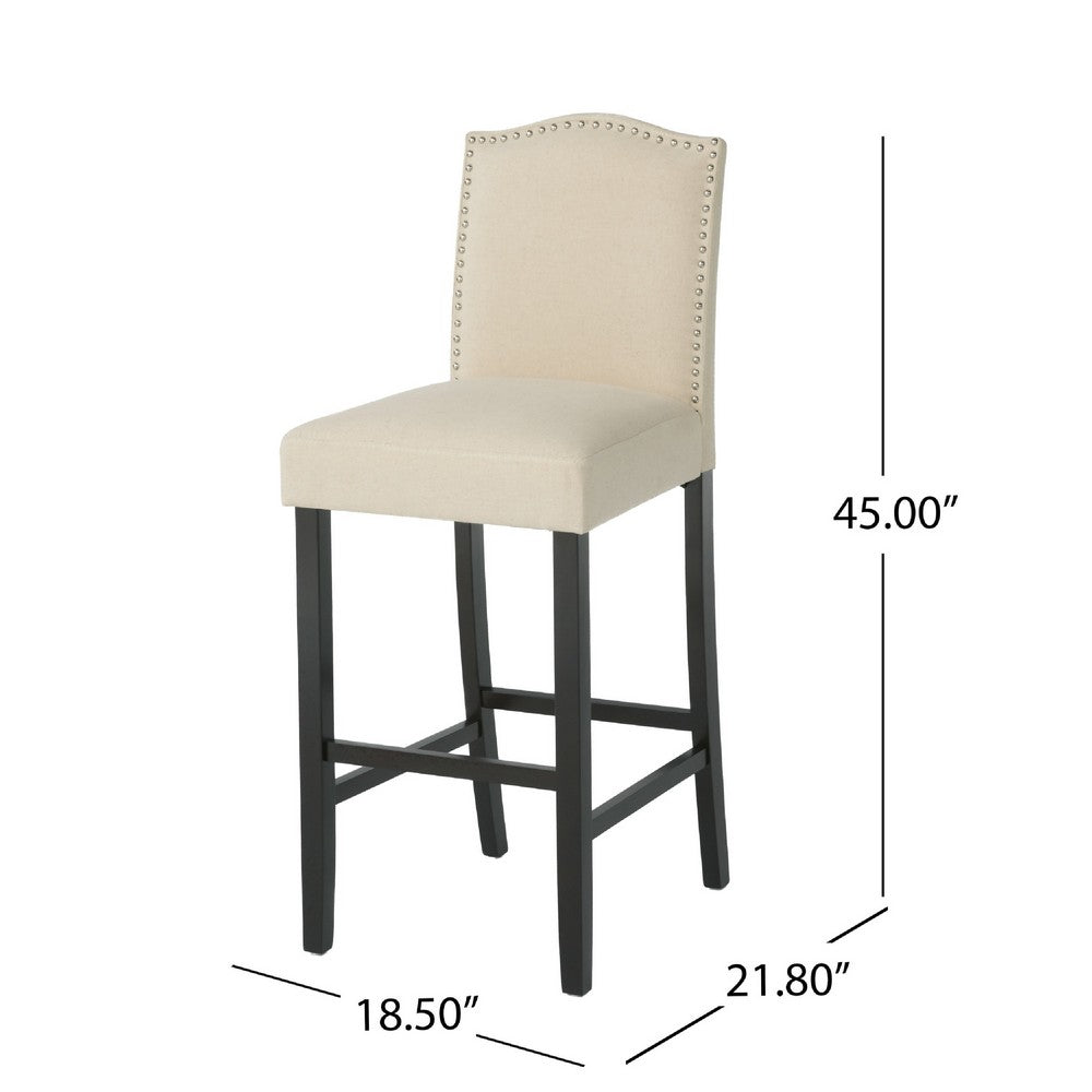 Benjara Marky Barstool Chair Set of 2, Arched Back And Footrest, Beige Fabric