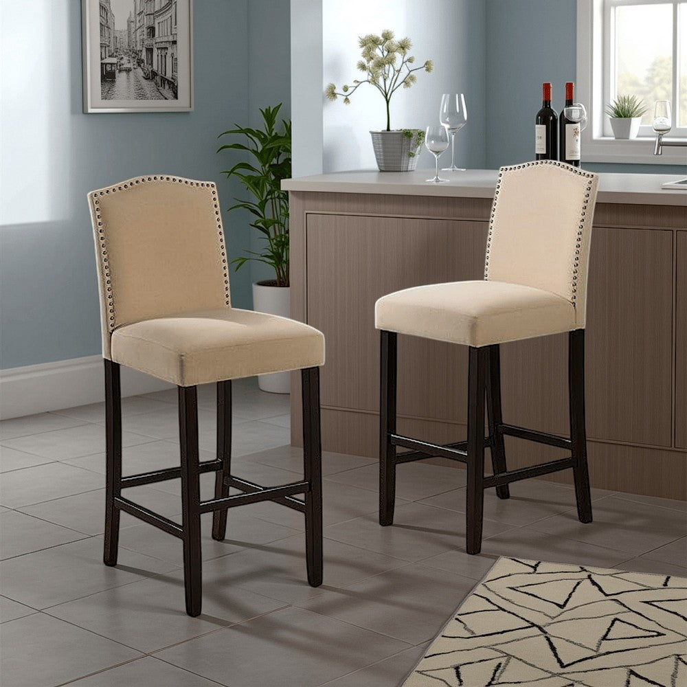 Benjara Marky Barstool Chair Set of 2, Arched Back And Footrest, Beige Fabric