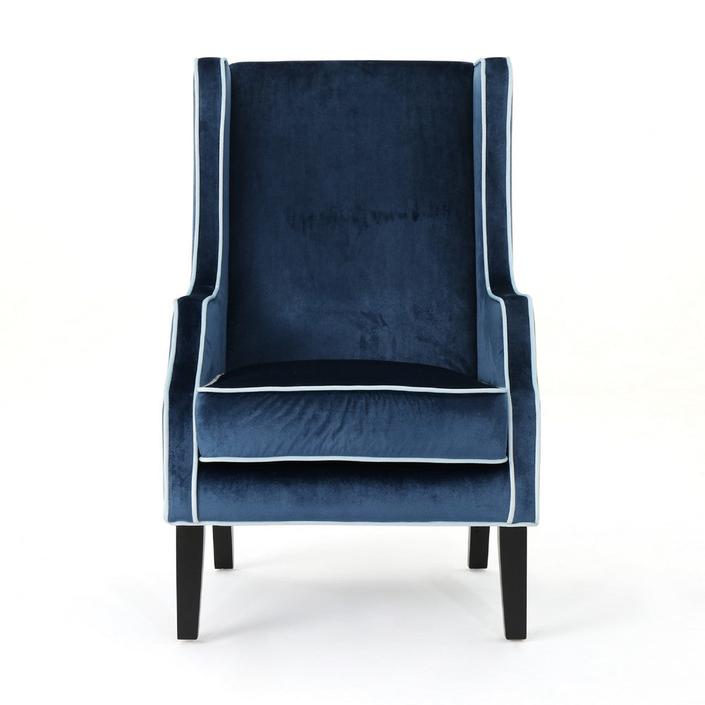 Benjara Vendy Club Armchair, High Wing Backrest, Rubberwood Legs, Blue Velvet