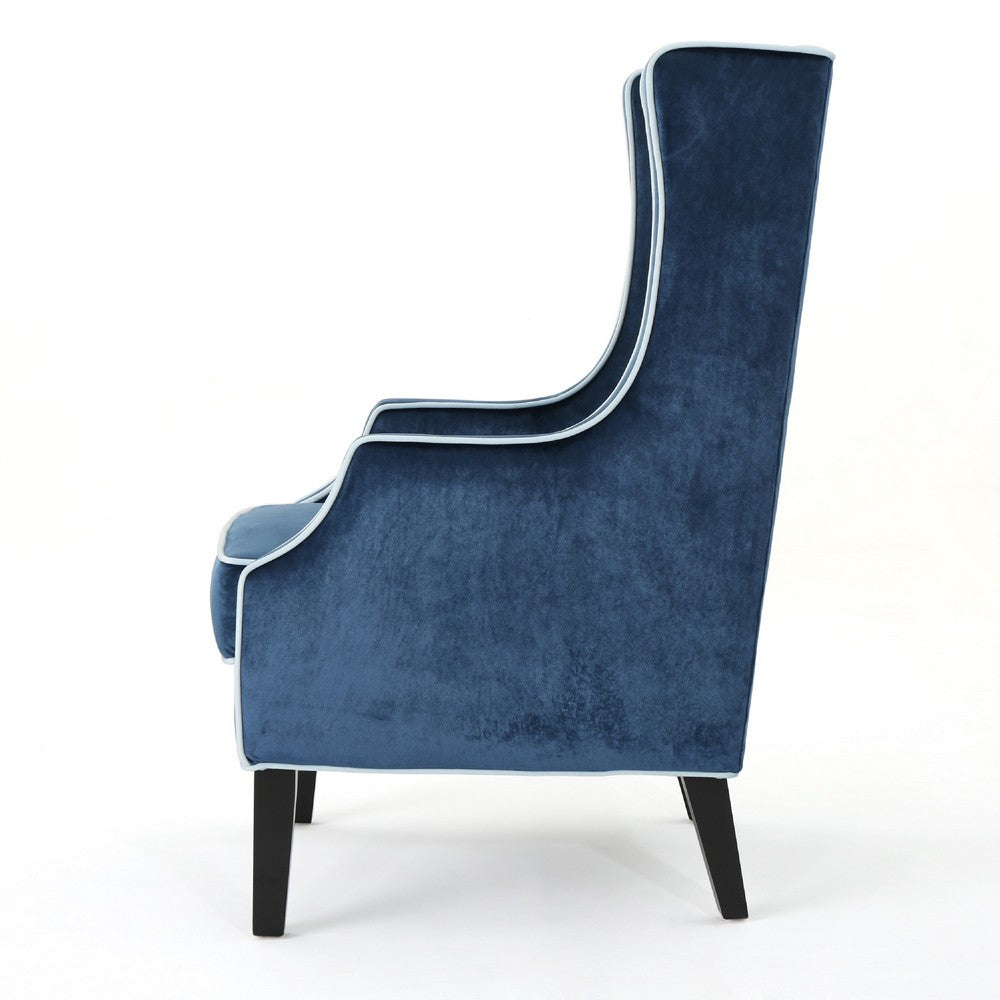 Benjara Vendy Club Armchair, High Wing Backrest, Rubberwood Legs, Blue Velvet