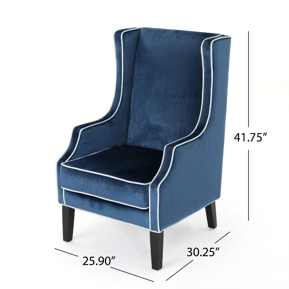 Benjara Vendy Club Armchair, High Wing Backrest, Rubberwood Legs, Blue Velvet