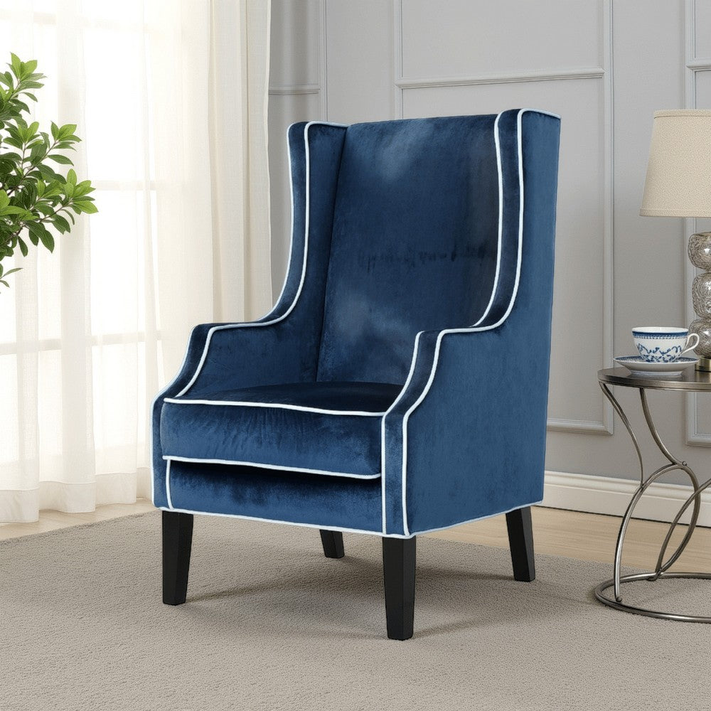 Benjara Vendy Club Armchair, High Wing Backrest, Rubberwood Legs, Blue Velvet