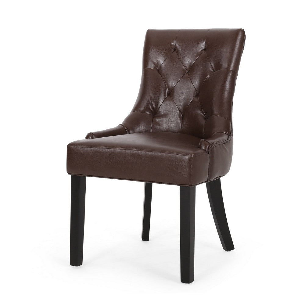 Benjara Chen Dining Chair Set of 2, Curved Brown Diamond Tufted Faux Leather