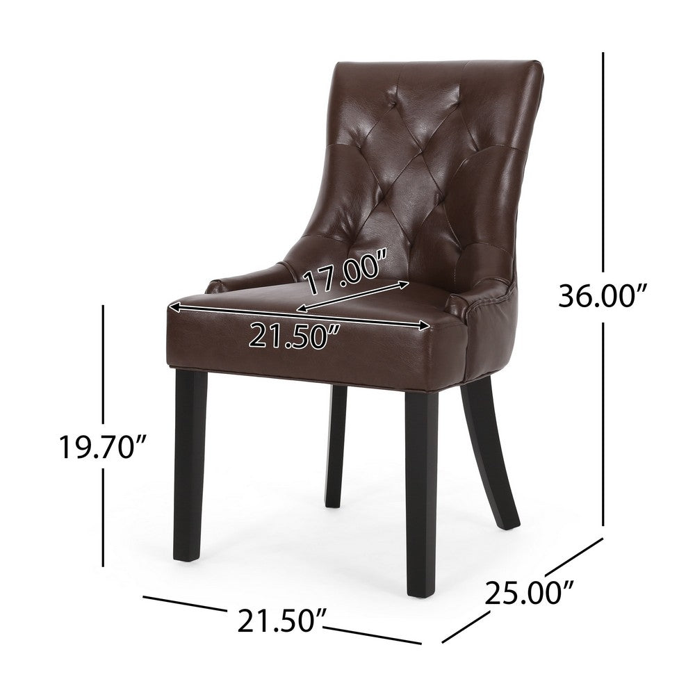 Benjara Chen Dining Chair Set of 2, Curved Brown Diamond Tufted Faux Leather
