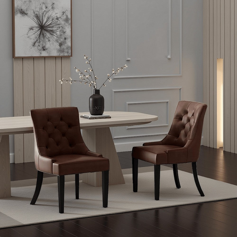 Benjara Chen Dining Chair Set of 2, Curved Brown Diamond Tufted Faux Leather