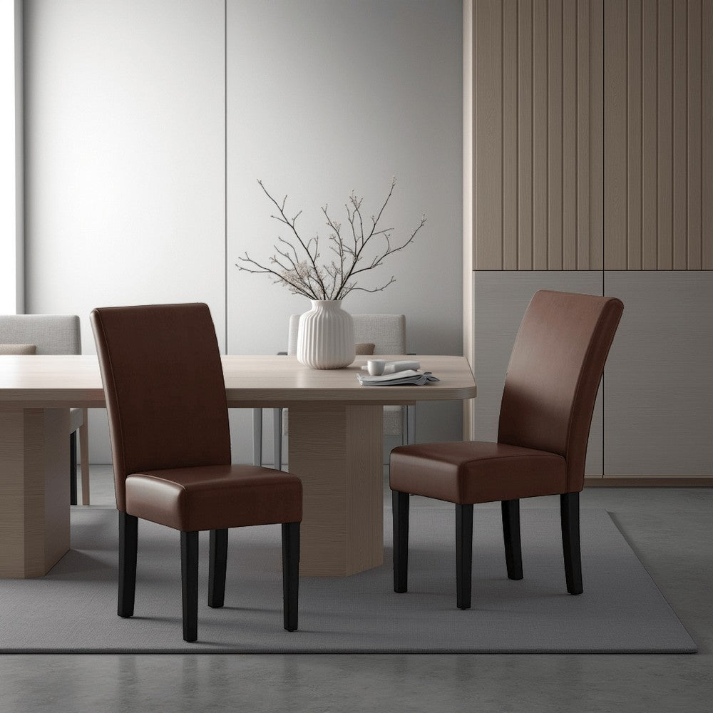 Benjara Serie Dining Chair Set of 2, Rubberwood, Dark Brown Faux Leather