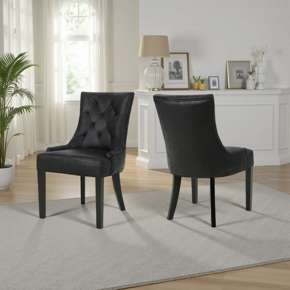 Benjara Chen Dining Chair Set of 2, Curved Back, Black Diamond Tuft Microfiber