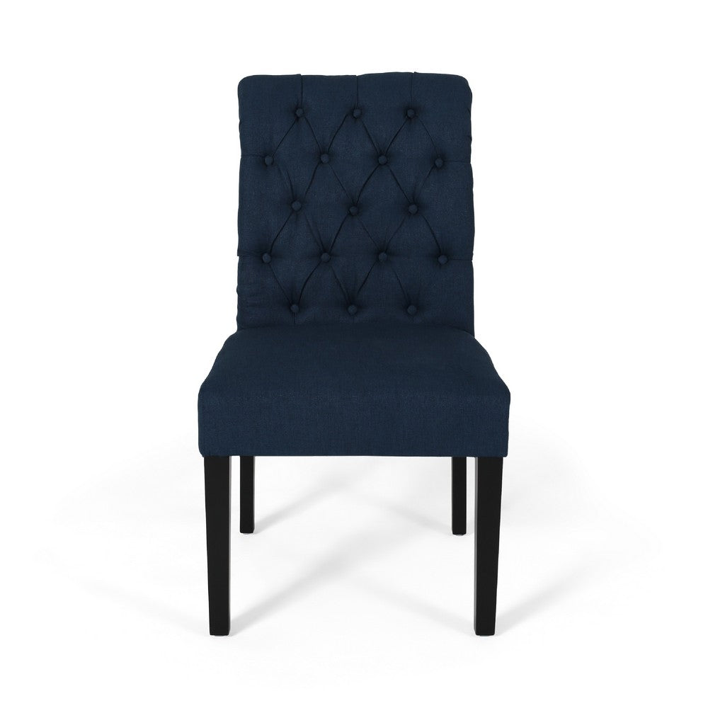 Benjara Mein Dining Chair Set of 2, Rolled Top Button Tufted, Blue Polyester