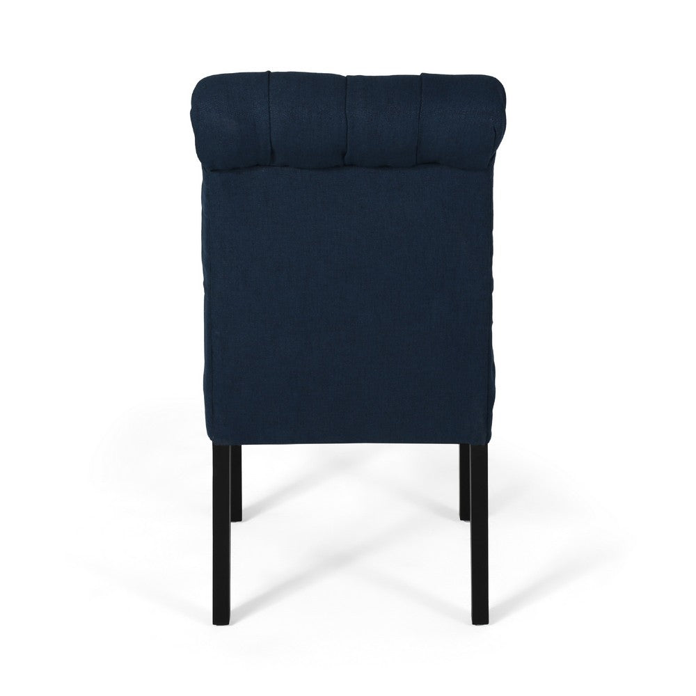 Benjara Mein Dining Chair Set of 2, Rolled Top Button Tufted, Blue Polyester