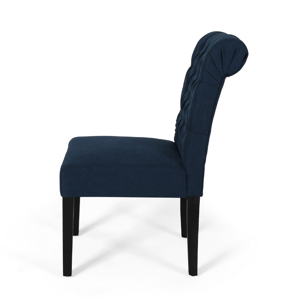 Benjara Mein Dining Chair Set of 2, Rolled Top Button Tufted, Blue Polyester