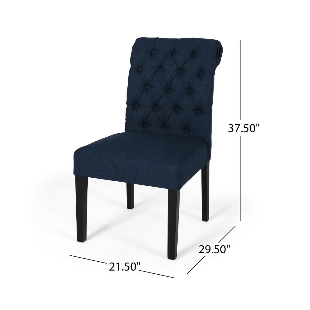 Benjara Mein Dining Chair Set of 2, Rolled Top Button Tufted, Blue Polyester