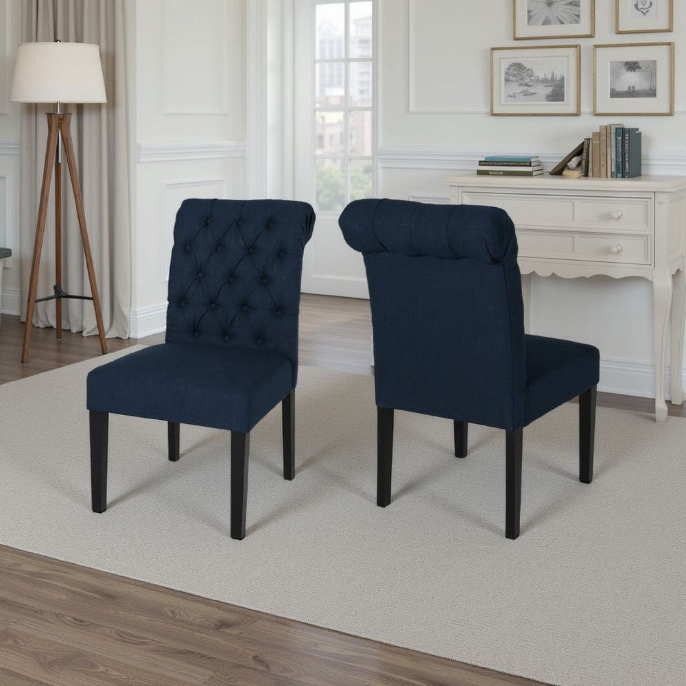 Benjara Mein Dining Chair Set of 2, Rolled Top Button Tufted, Blue Polyester