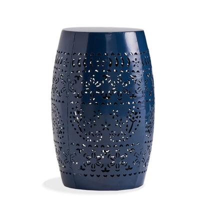 Benjara Glena Side End Table, Barrel Shape Lace Cut Design, Blue Iron 12 Inch