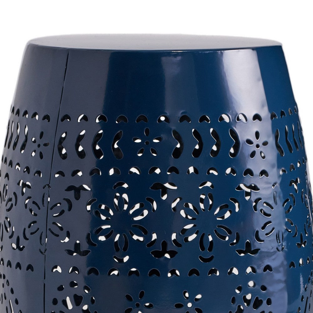 Benjara Glena Side End Table, Barrel Shape Lace Cut Design, Blue Iron 12 Inch