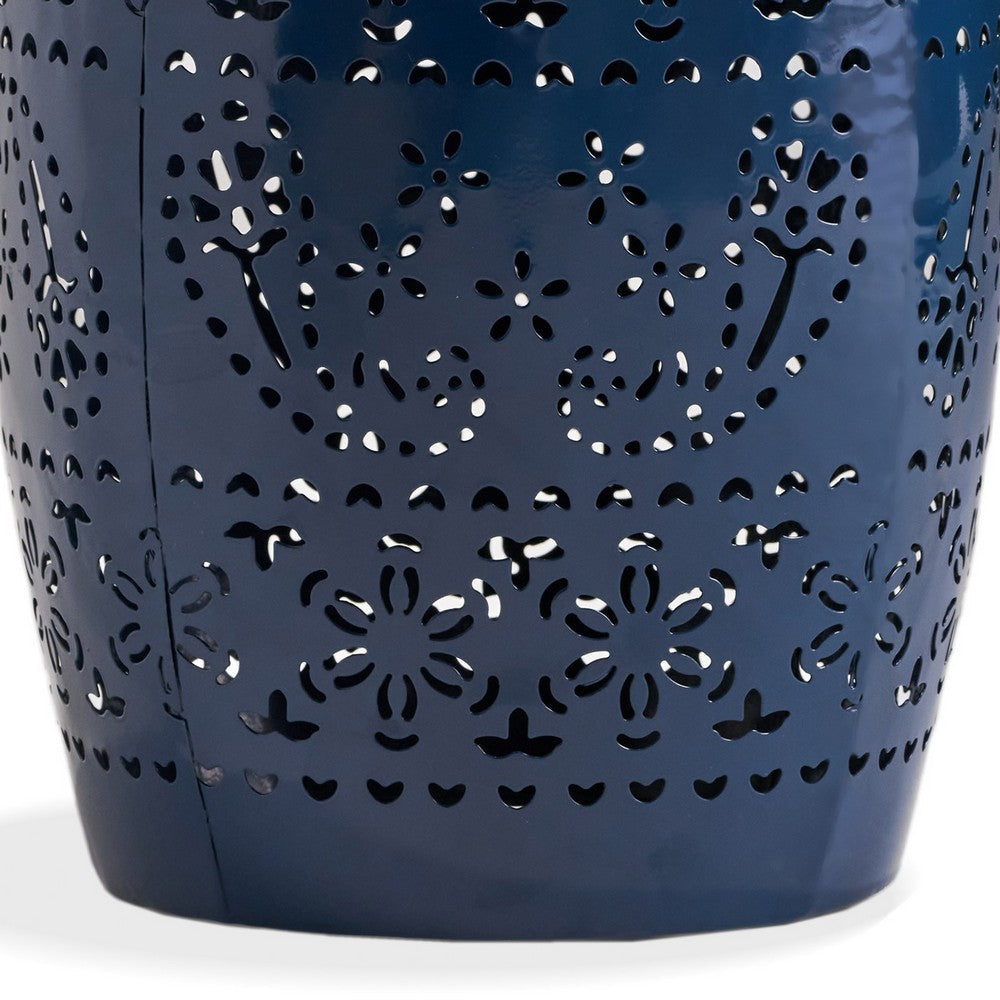 Benjara Glena Side End Table, Barrel Shape Lace Cut Design, Blue Iron 12 Inch