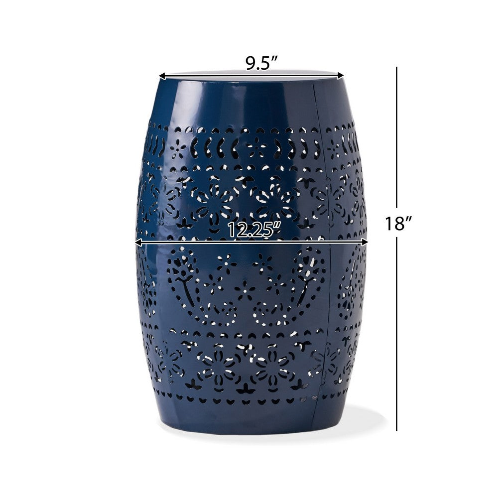 Benjara Glena Side End Table, Barrel Shape Lace Cut Design, Blue Iron 12 Inch