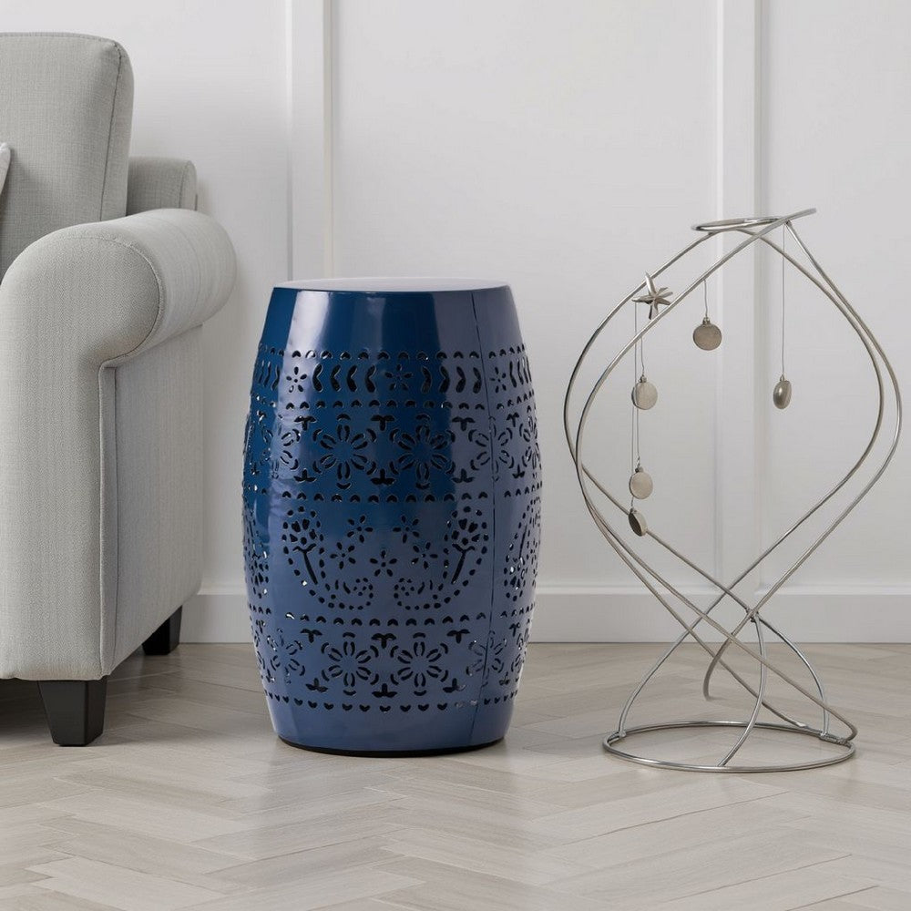 Benjara Glena Side End Table, Barrel Shape Lace Cut Design, Blue Iron 12 Inch