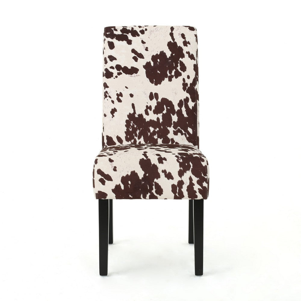 Benjara Serie Dining Chair Set of 2, Cowhide Pattern Beige Velvet, Rubberwood