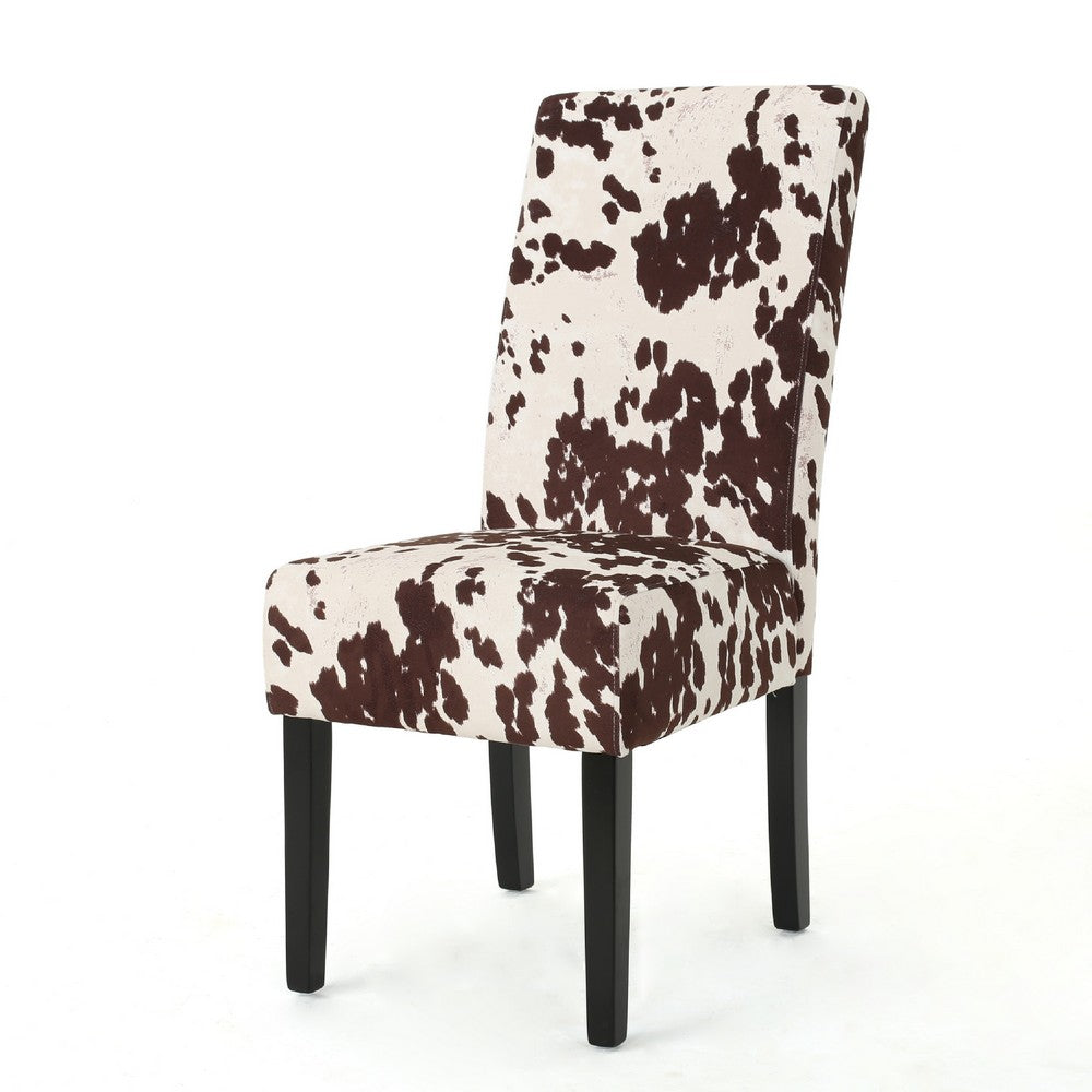 Benjara Serie Dining Chair Set of 2, Cowhide Pattern Beige Velvet, Rubberwood