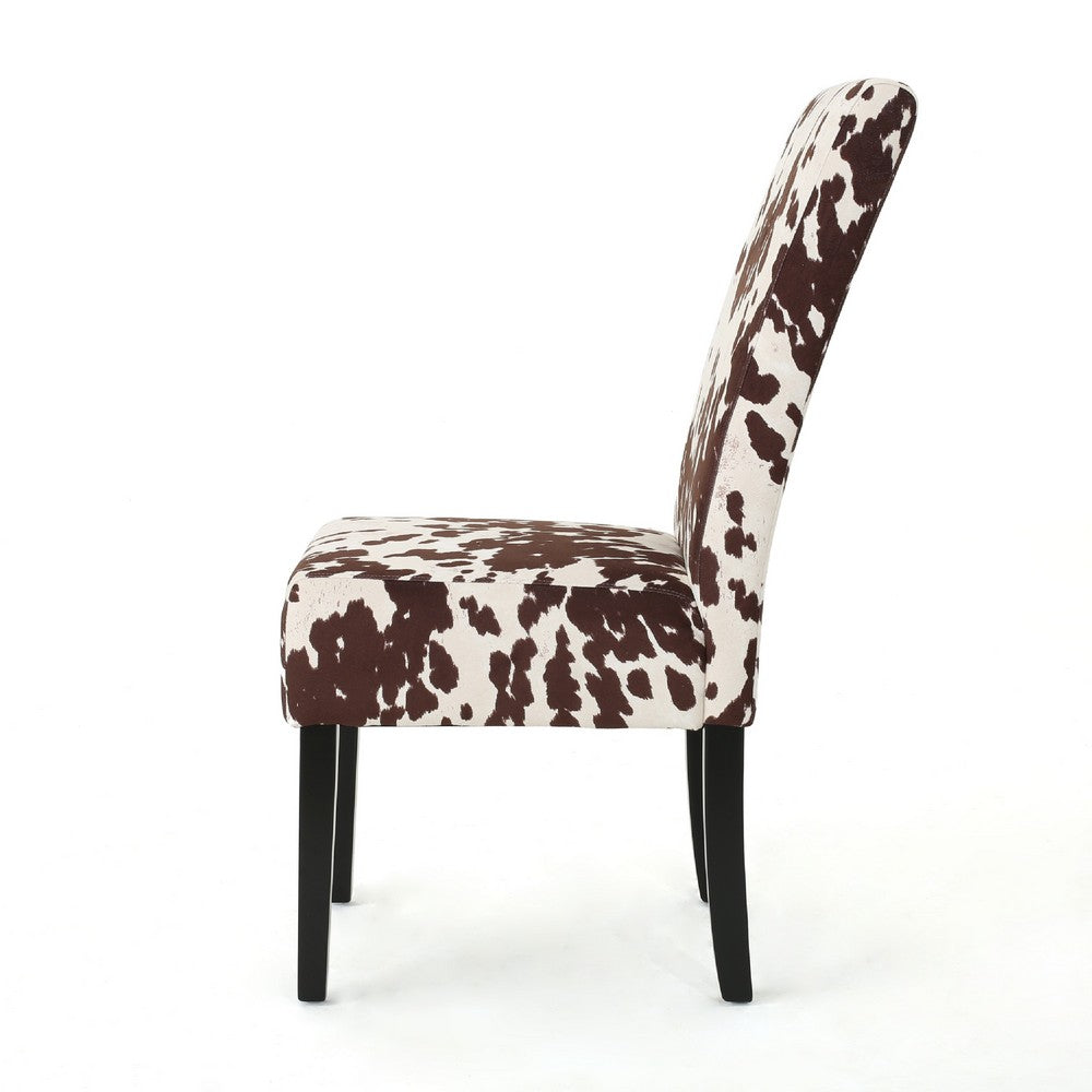 Benjara Serie Dining Chair Set of 2, Cowhide Pattern Beige Velvet, Rubberwood