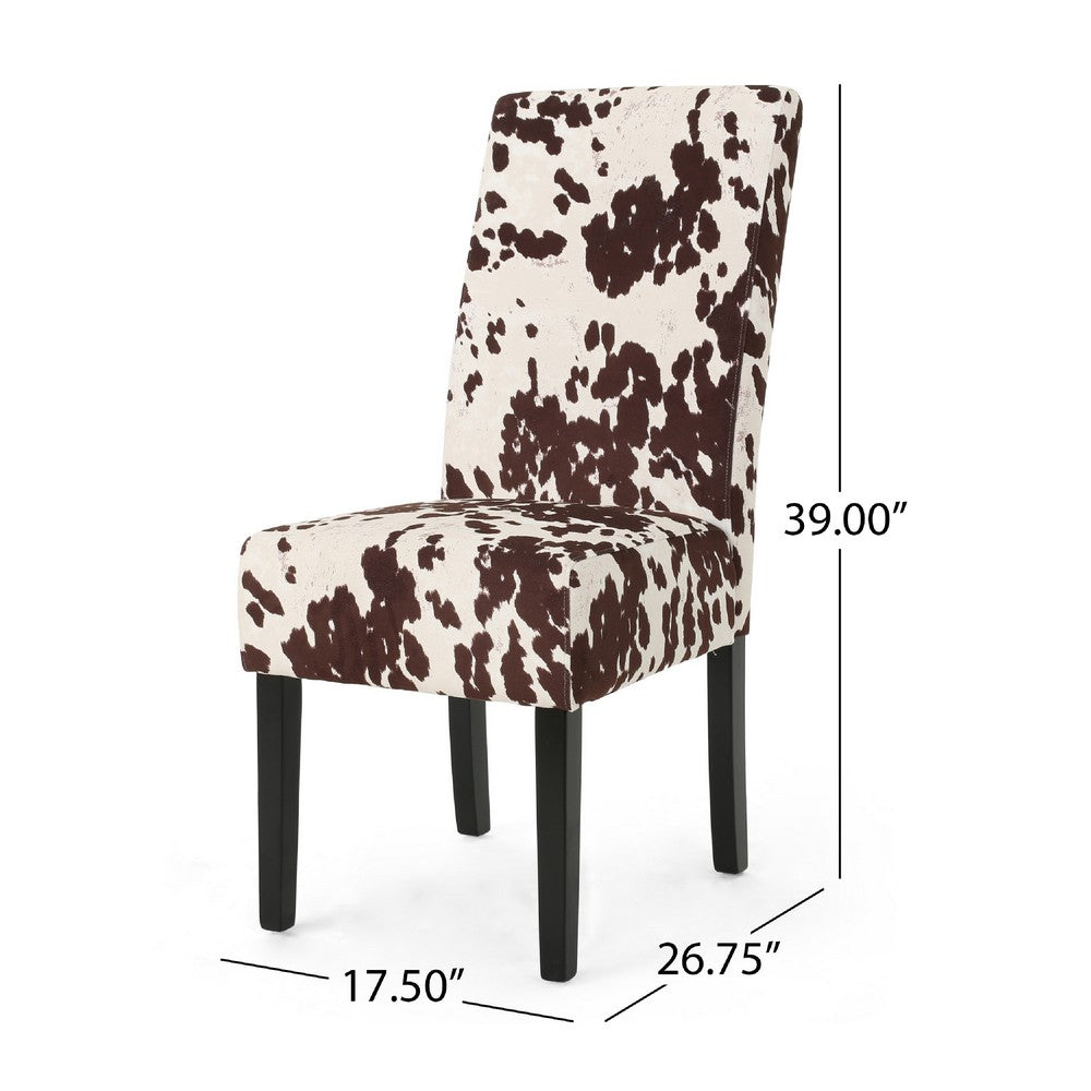 Benjara Serie Dining Chair Set of 2, Cowhide Pattern Beige Velvet, Rubberwood