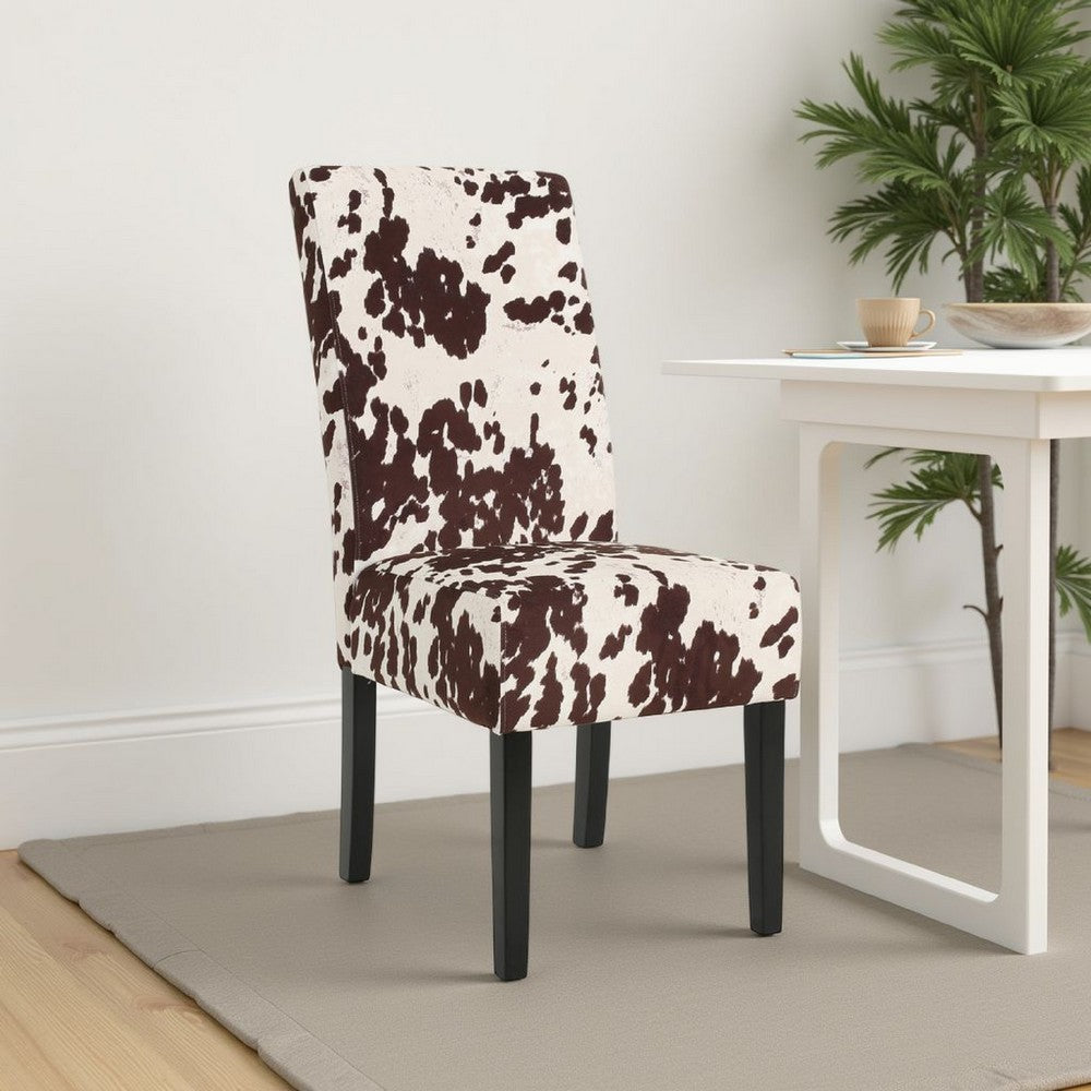 Benjara Serie Dining Chair Set of 2, Cowhide Pattern Beige Velvet, Rubberwood