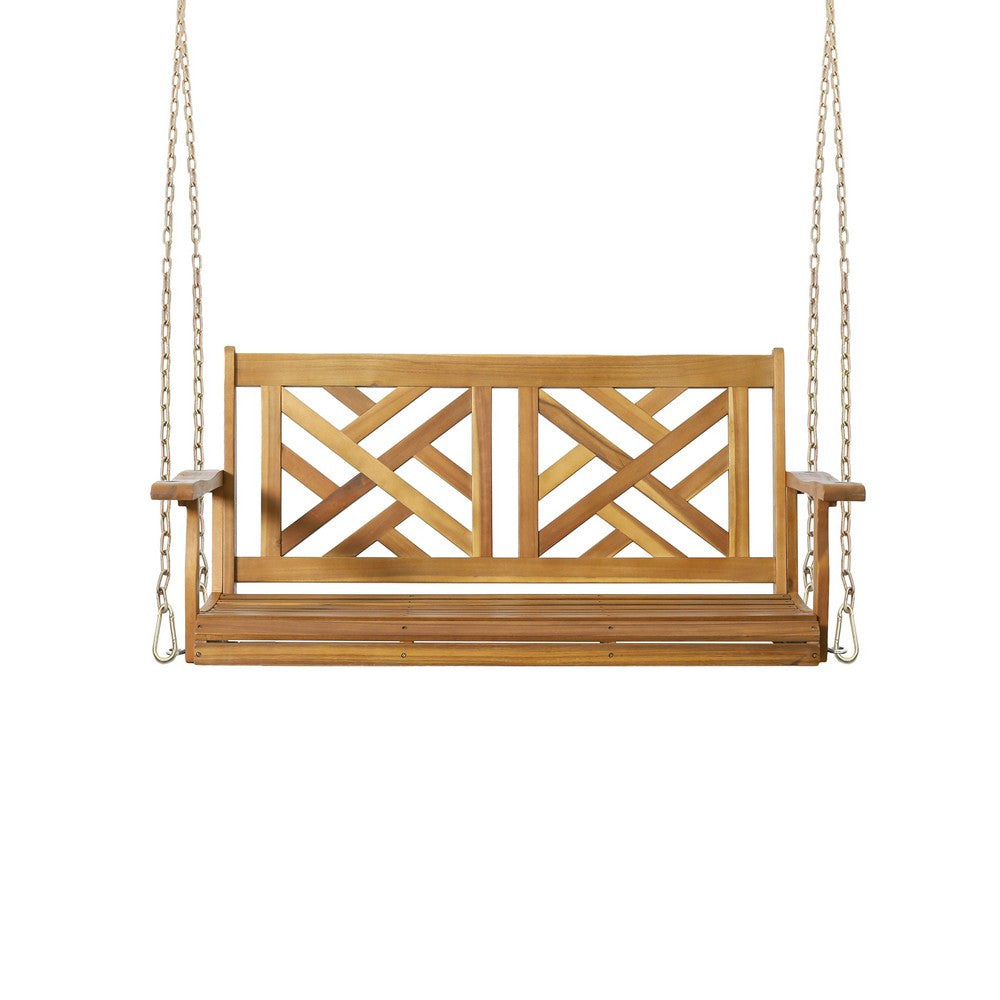 Benjara Annah Porch Swing Bench w Chains, Herringbone Teak Brown Acacia Wood