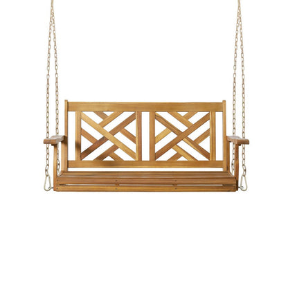 Benjara Annah Porch Swing Bench w Chains, Herringbone Teak Brown Acacia Wood