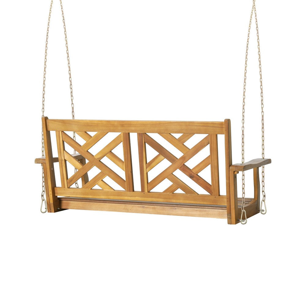 Benjara Annah Porch Swing Bench w Chains, Herringbone Teak Brown Acacia Wood