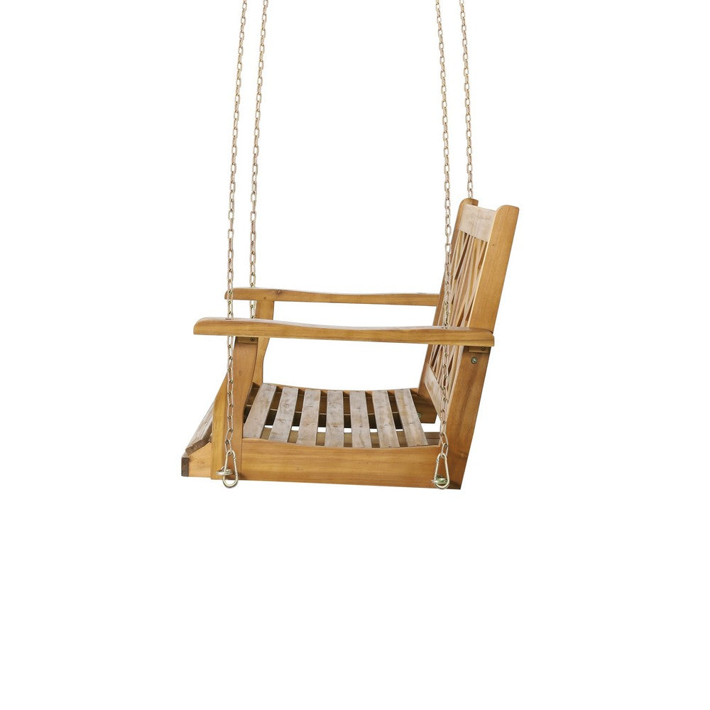 Benjara Annah Porch Swing Bench w Chains, Herringbone Teak Brown Acacia Wood