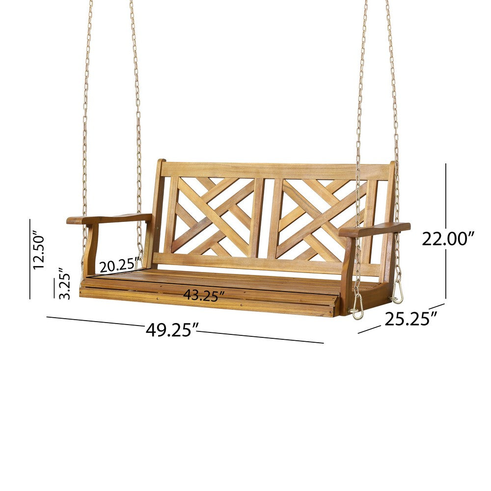 Benjara Annah Porch Swing Bench w Chains, Herringbone Teak Brown Acacia Wood
