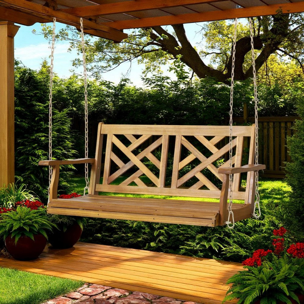 Benjara Annah Porch Swing Bench w Chains, Herringbone Teak Brown Acacia Wood