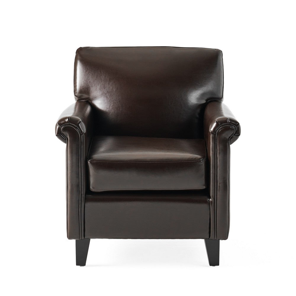 Benjara Somie Club Armchair, Rolled Arms And Square Back, Brown Faux Leather