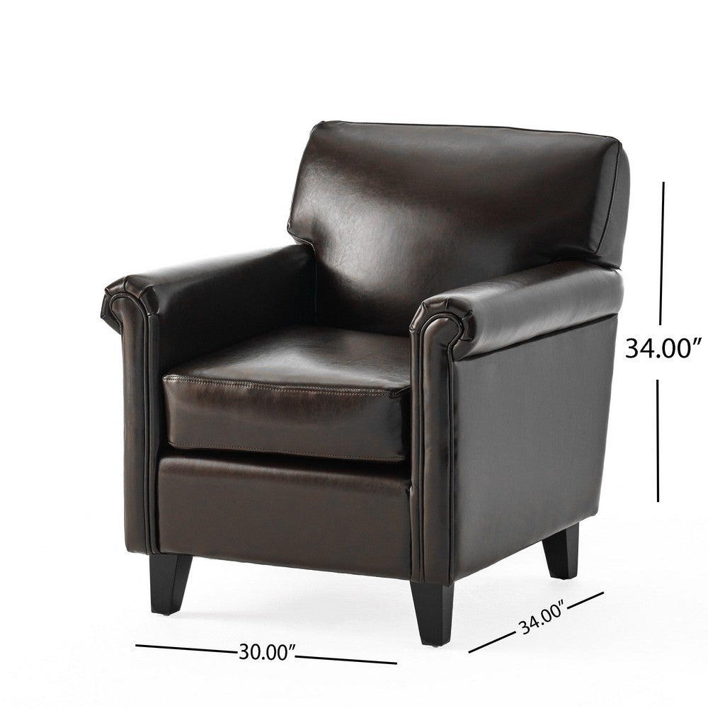 Benjara Somie Club Armchair, Rolled Arms And Square Back, Brown Faux Leather