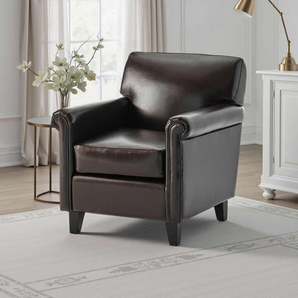 Benjara Somie Club Armchair, Rolled Arms And Square Back, Brown Faux Leather