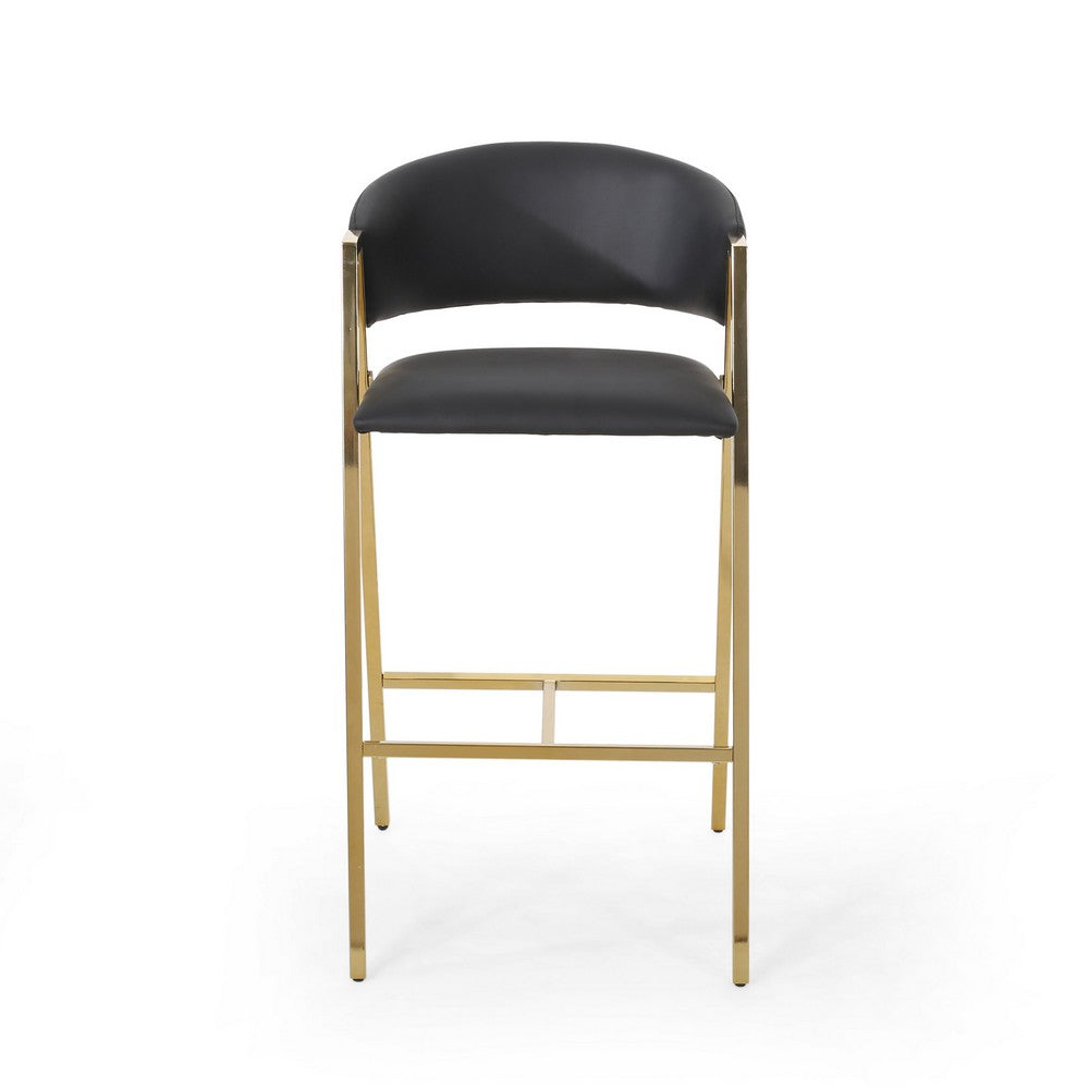 Benjara Bilie Barstool Chair Set of 2, Nailhead Trim, Gold, Black Faux Leather