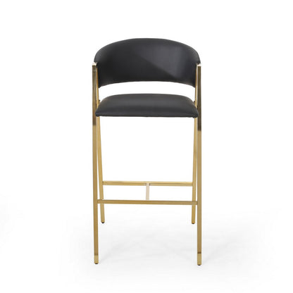 Benjara Bilie Barstool Chair Set of 2, Nailhead Trim, Gold, Black Faux Leather