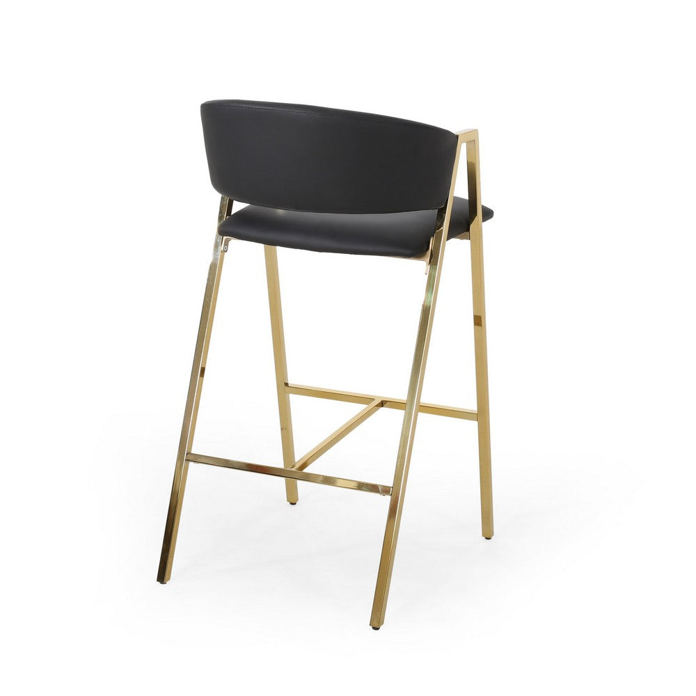 Benjara Bilie Barstool Chair Set of 2, Nailhead Trim, Gold, Black Faux Leather