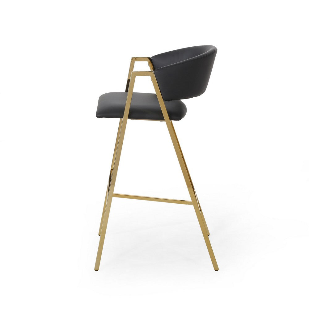 Benjara Bilie Barstool Chair Set of 2, Nailhead Trim, Gold, Black Faux Leather