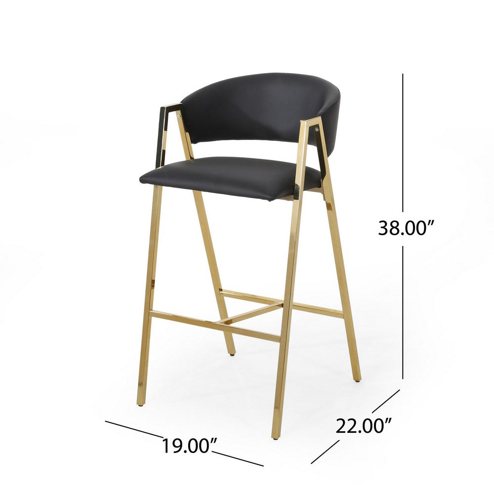 Benjara Bilie Barstool Chair Set of 2, Nailhead Trim, Gold, Black Faux Leather