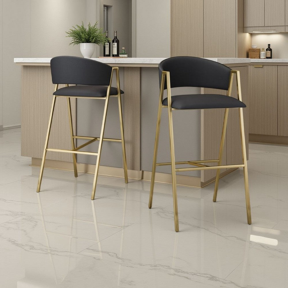 Benjara Bilie Barstool Chair Set of 2, Nailhead Trim, Gold, Black Faux Leather