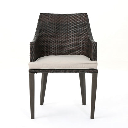 Benjara Ellish Outdoor Chair Set of 2, Metal Legs, Brown Rattan, Beige Fabric