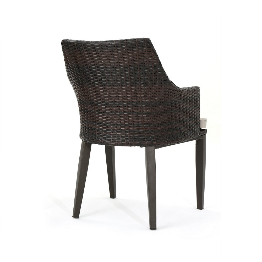 Benjara Ellish Outdoor Chair Set of 2, Metal Legs, Brown Rattan, Beige Fabric