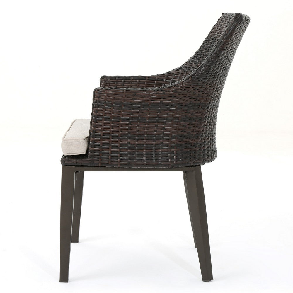 Benjara Ellish Outdoor Chair Set of 2, Metal Legs, Brown Rattan, Beige Fabric