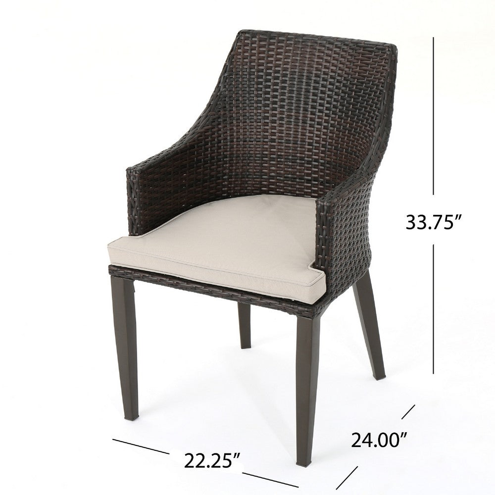 Benjara Ellish Outdoor Chair Set of 2, Metal Legs, Brown Rattan, Beige Fabric