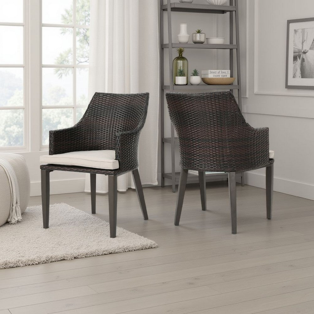 Benjara Ellish Outdoor Chair Set of 2, Metal Legs, Brown Rattan, Beige Fabric