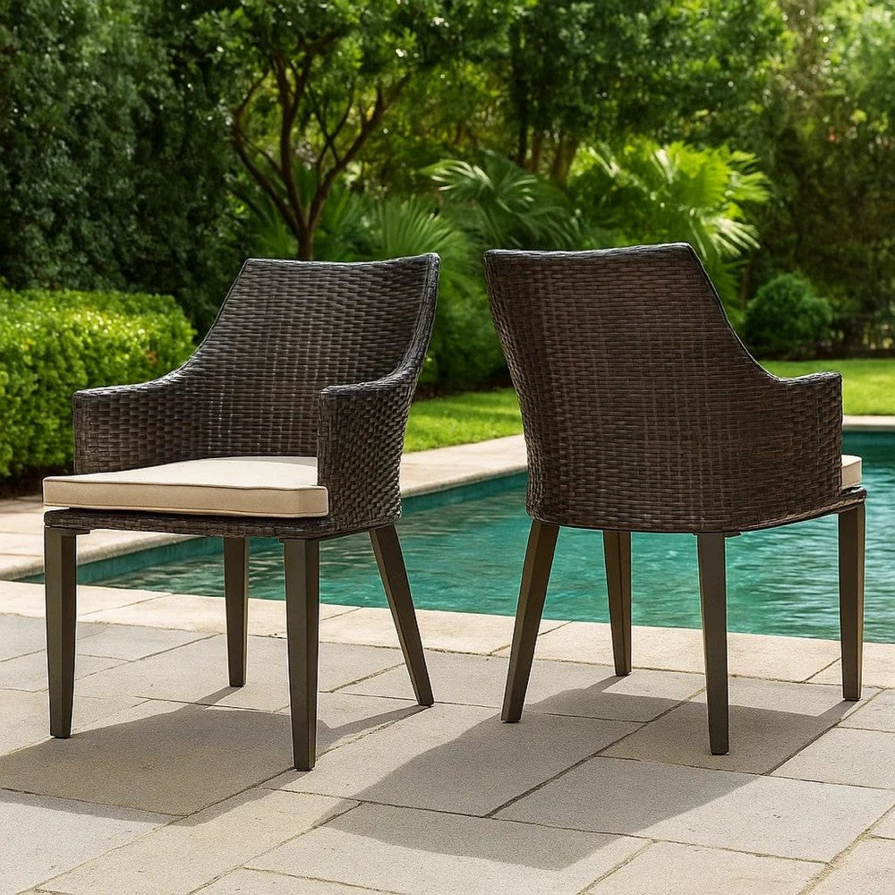 Benjara Ellish Outdoor Chair Set of 2, Metal Legs, Brown Rattan, Beige Fabric