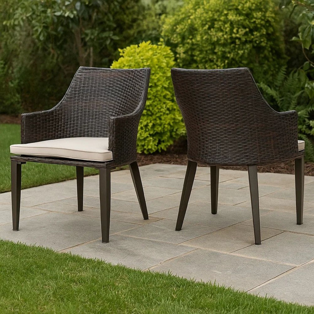 Benjara Ellish Outdoor Chair Set of 2, Metal Legs, Brown Rattan, Beige Fabric