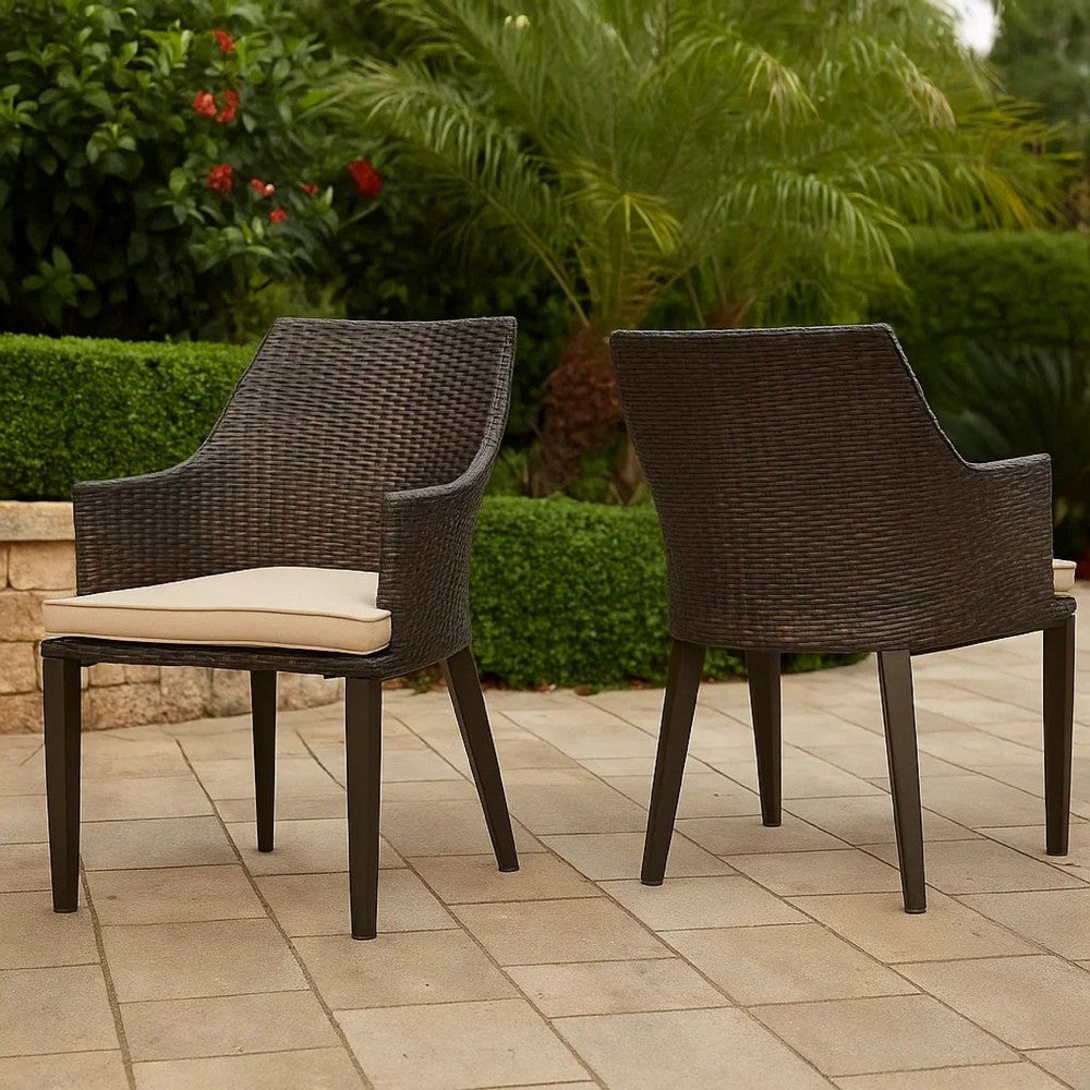 Benjara Ellish Outdoor Chair Set of 2, Metal Legs, Brown Rattan, Beige Fabric