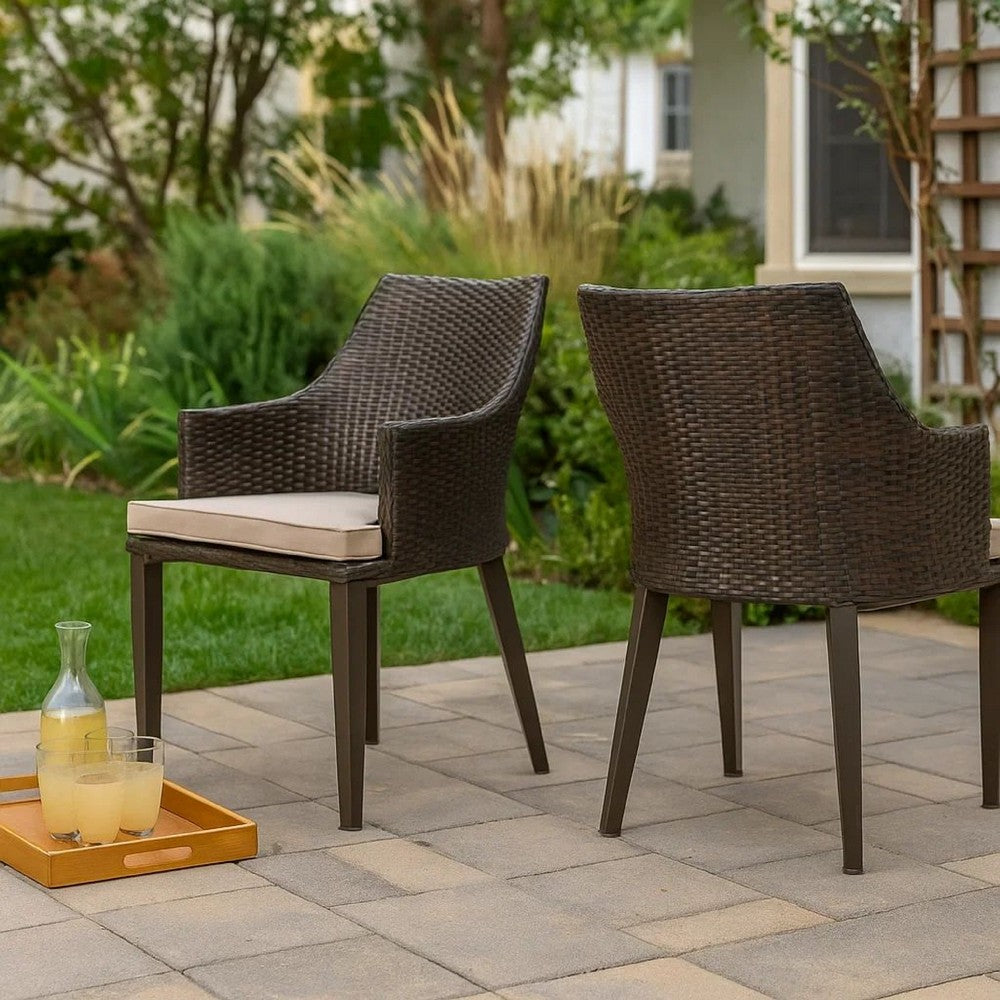Benjara Ellish Outdoor Chair Set of 2, Metal Legs, Brown Rattan, Beige Fabric